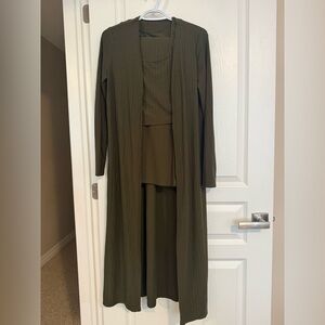 Olive Green Long Cardigan and Dress Set